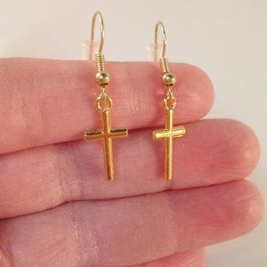 Gold Cross Dangle Earrings Hypoallergenic Hooks